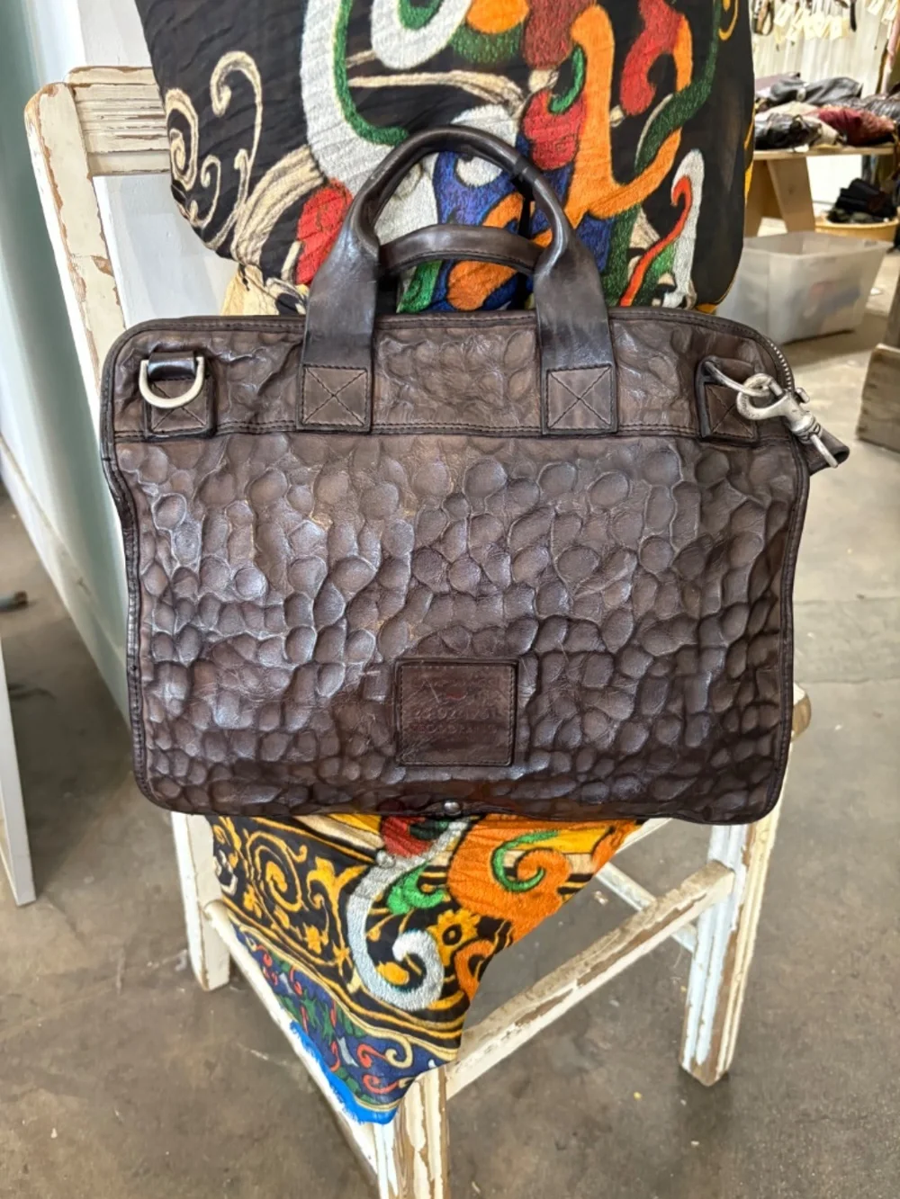 Campomaggi Noce Embossed Leather Laptop Bag in Grigio